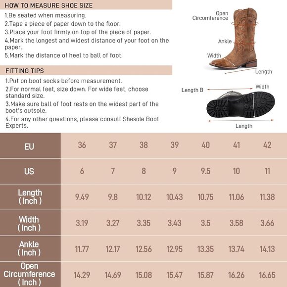 SheSole Womens Dark Brown Cowboy Square Toe Cowgirl Wide Calf Western Boots - Picture 6 of 6